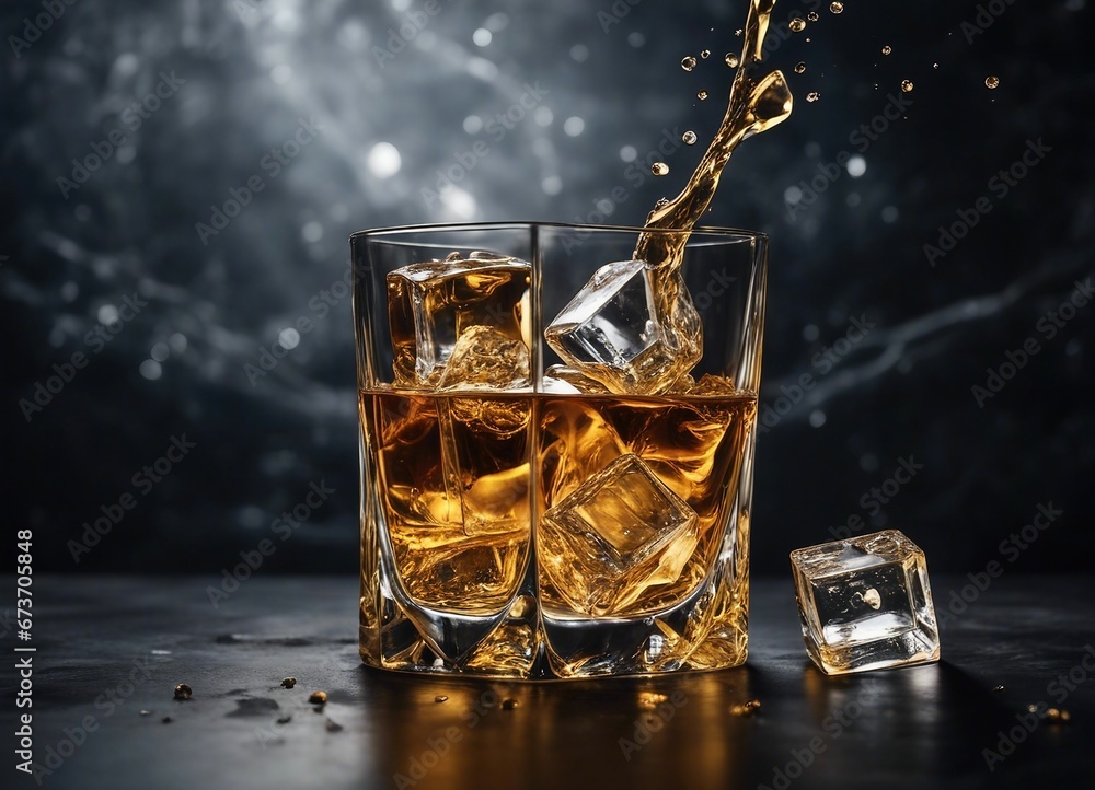 Splashing golden whiskey in glass with ice cubes on dark marble. Space for text

