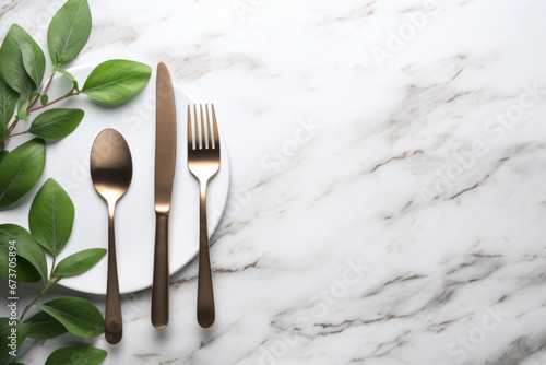 Beautiful gold cutlery lying on a white plate in the left part of the background with green leaf elements on a beautiful marble light background with space for text or inscriptions.generative ai 