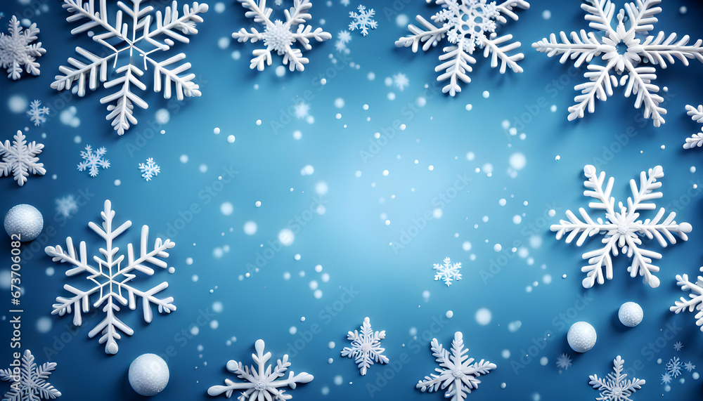 Blue sparkling Christmas and winter background with white snowflakes,