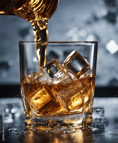 Splashing golden whiskey in glass with ice cubes on dark marble. Space for text