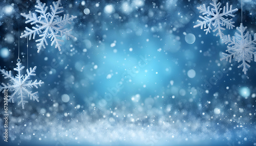 Blue sparkling Christmas and winter background with white snowflakes,