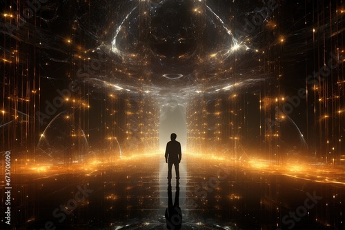 A silhouette of a man on a dark abstract background illuminated with bright yellow neon lights. Metaverse, virtual space from circles of spirals, flashes.