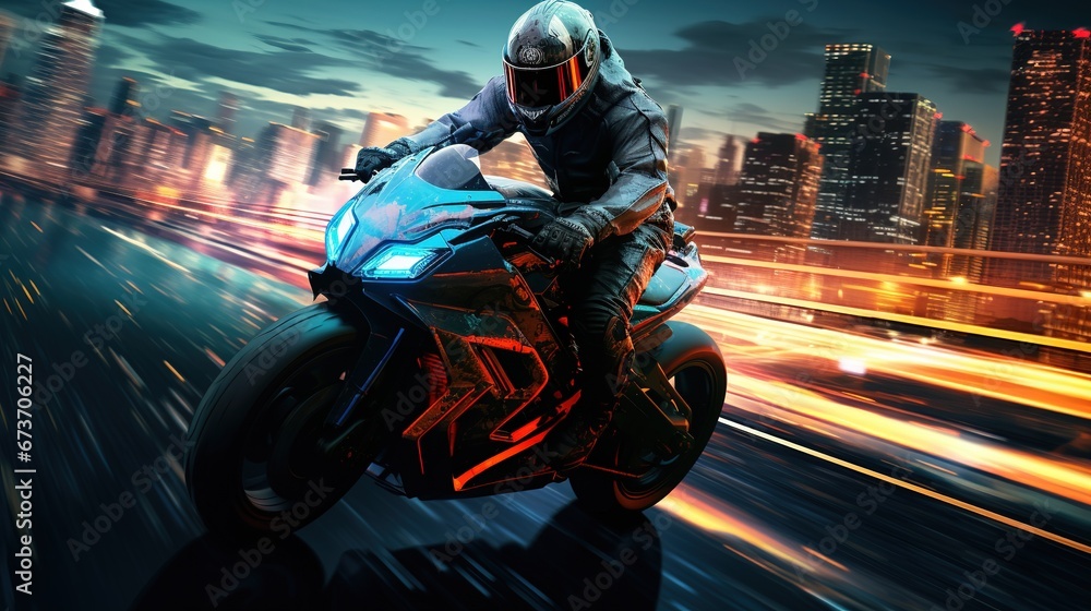 A helmeted motorcyclist on a sports bike rushing down a night city street surrounded by neon blurred lights.