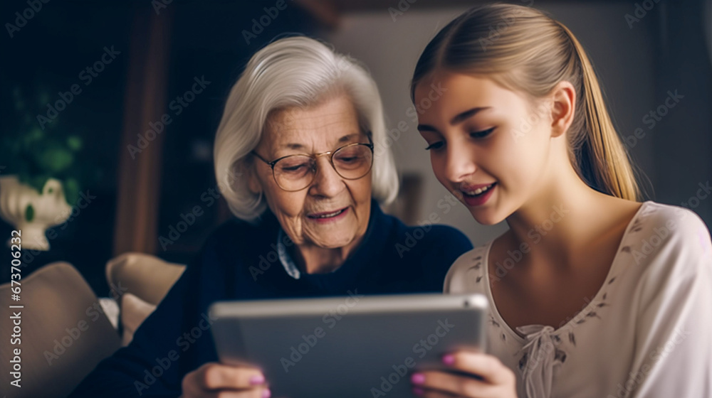 A grandmother relives memories with her granddaughter by viewing images and videos of family members and loved ones through a tablet.