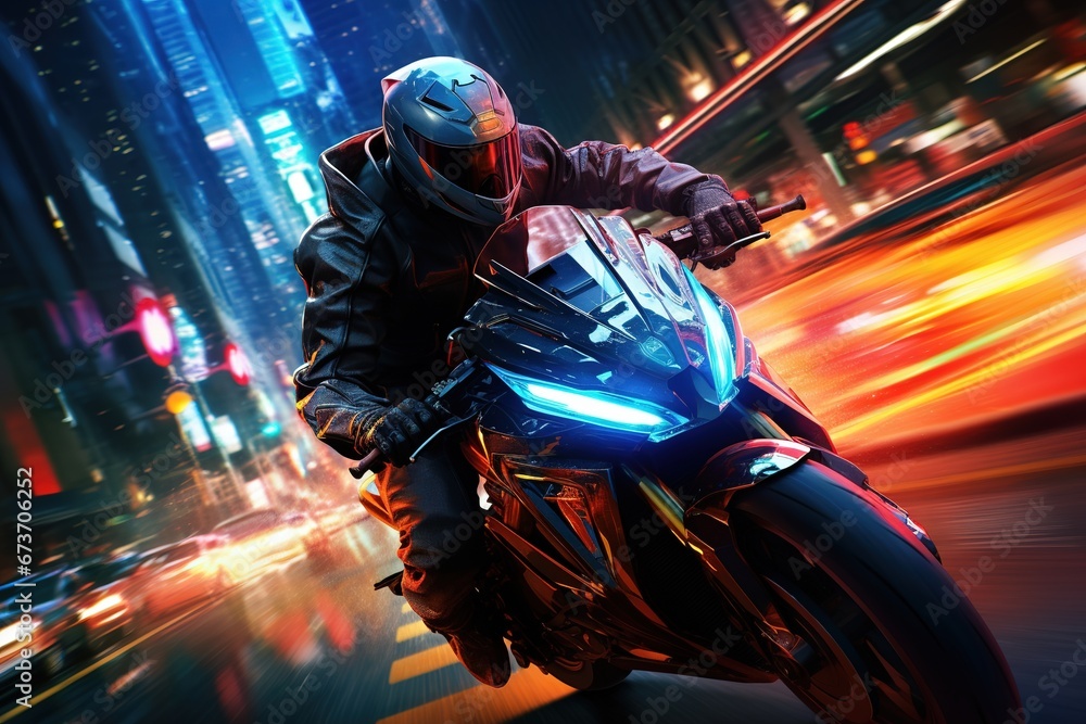 A helmeted motorcyclist on a sports bike rushing down a night city street surrounded by neon blurred lights.