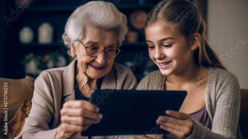 A grandmother relives memories with her granddaughter by viewing images and videos of family members and loved ones through a tablet.