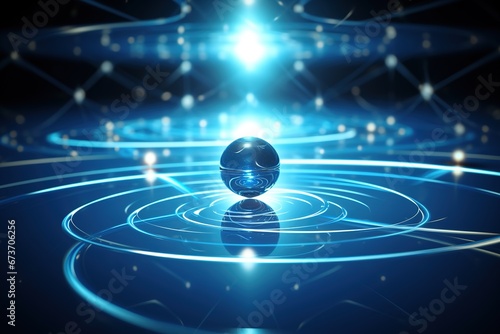 Abstract scientific background, blue neon quantum atom, glass transparent ball rotating in vacuum, electron orbital tracks. photo
