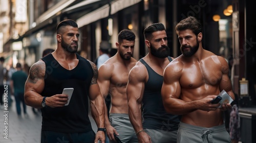 A group of handsome bodybuilders stands in the street and holding in the hands mobile phones.