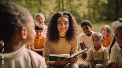 group of students studying. A young camp counselor holds a book in her hands and is surrounded by a diverse, multiracial group of children in a natural environment at a summer camp.