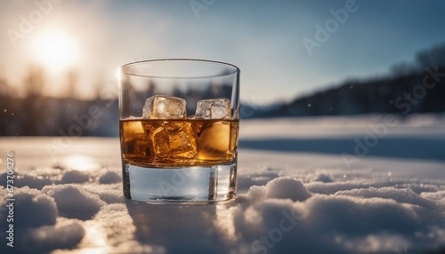 Whiskey glass with ice and bottle blurry at back, in snow