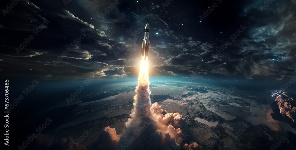 lightning in the sky, a rocket ship floating in deep space earth