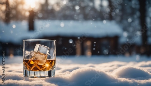 Whiskey glass with ice and bottle blurry at back, in snow