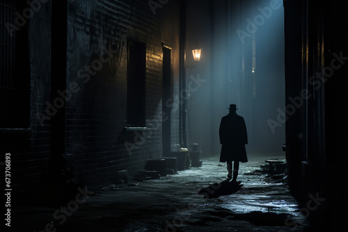 A lone, suspicious figure stands at the end of a poorly lit alley, casting an atmosphere of uncertainty and risk photo