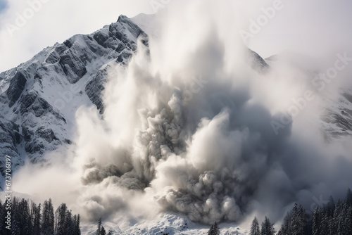 An avalanche of snow and rocks descends down a mountain  threatening skiers and hikers in its path