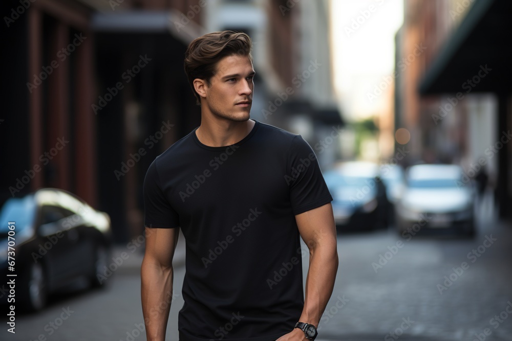 Handsome young man in black t-shirt standing on the street Handsome young man in black t-shirt standing on the street