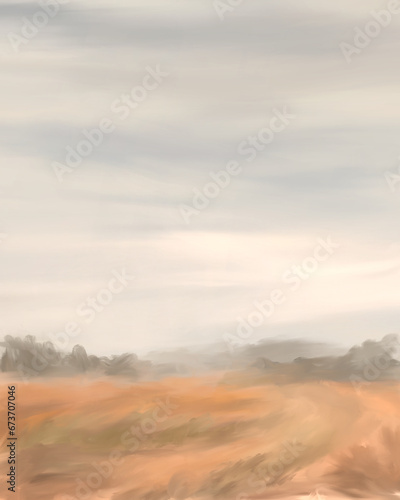 Abstract landscape, field, grey sky, vertical background