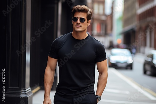 Handsome young man in black t-shirt standing on the street