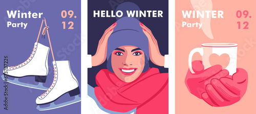 Winter time. Concept of vacation, party and travel. Female hands in knitted gloves holding a cup of coffee or tea. Young smiling woman in a purple hat. Pair of white Ice skates. Vector illustration.