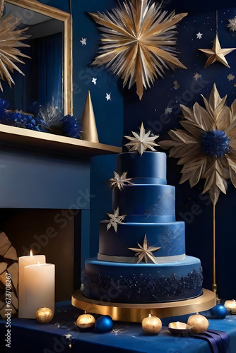 Midnight Sapphire Delight.  A mesmerizing holiday experience with deep sapphire hues and twinkling stars, setting the scene for a magical celebration. W ith cake design.

