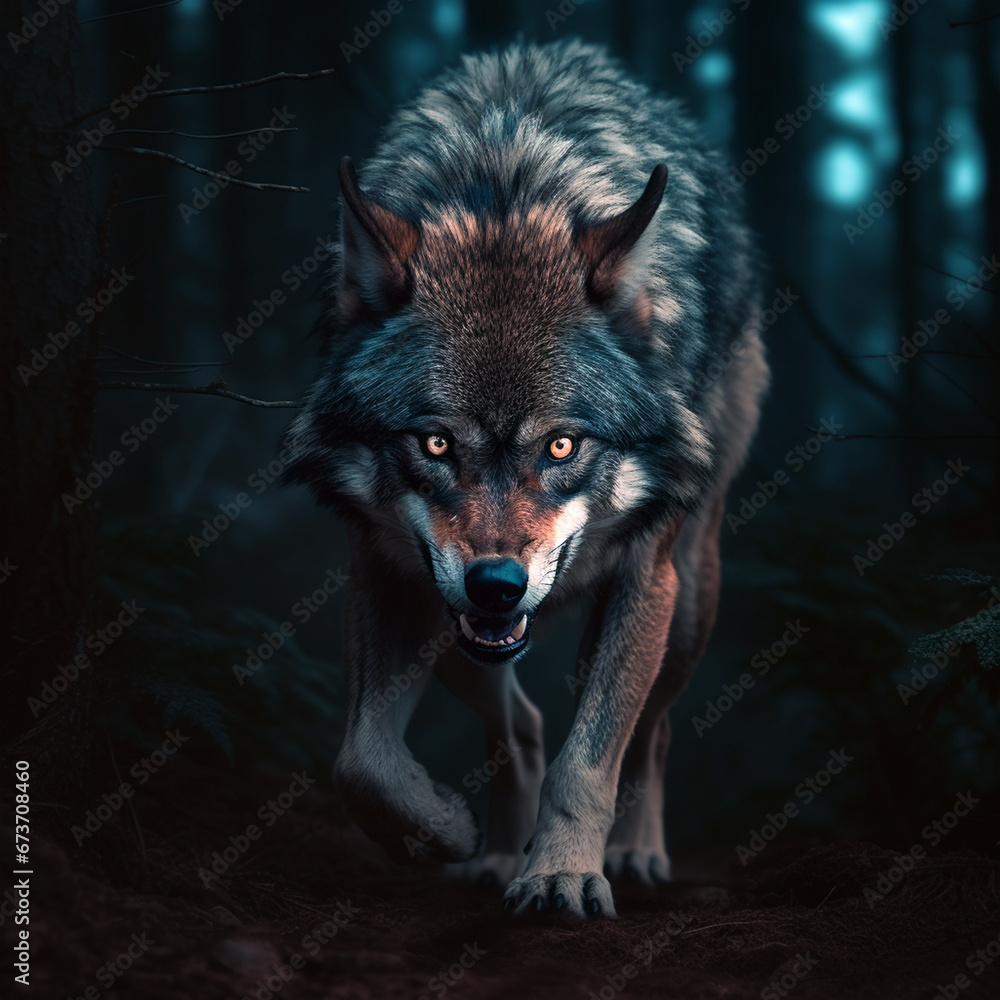 Portrait of a mountain wolf, face view, fog, forest, unusual background. Portrait of a mountain wolf, face view, fog, forest, unusual background.