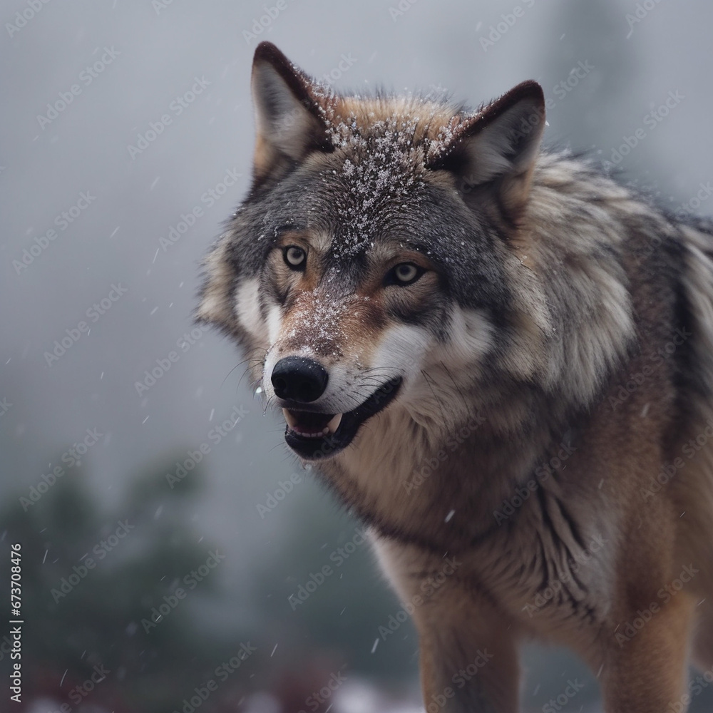 Fototapeta premium Portrait of a mountain wolf, face view, fog, forest, unusual background.