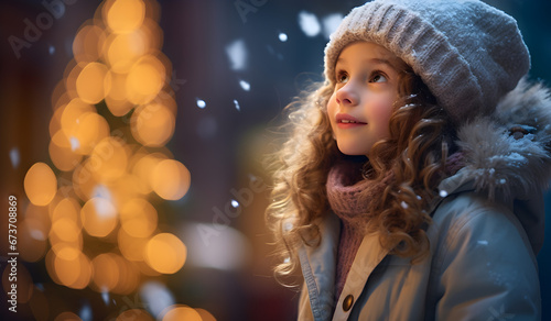 Girl in Beanie and Scarf, Winter Atmosphere, Space for Copy, Gazing at the Sky and Snow, Festive New Year Background
