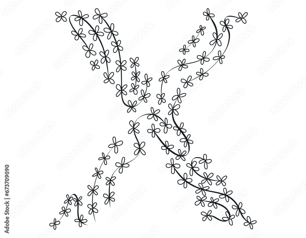Obraz premium Botanical black and white doodle illustration. Capital letter X of the Latin alphabet, decorated with branches and leaves.