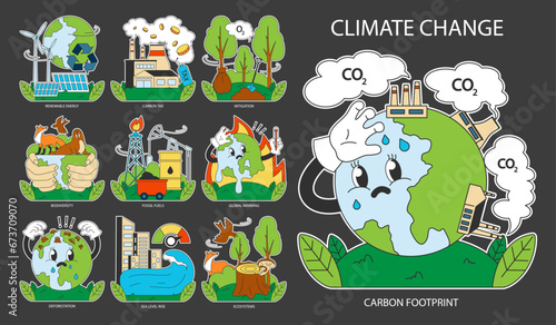 Climate change night or dark mode set. Planet temperature rising and sea level rising due to CO2 emissions. Nature preservation measures. Sustainability goal. Flat vector illustration