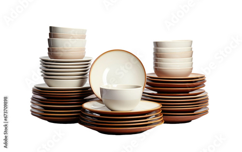 Stack of Dinnerware Plates Bowls Isolated on Transparent Background PNG.