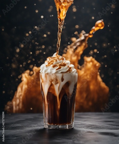 cold brew latte on dark marble background, coffee splash, drops and explosion 