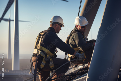 Maintainers or wind turbine technicians in equipment, uniform and helmets repair a turbine or windmill to produce wind energy.generative ai
 photo