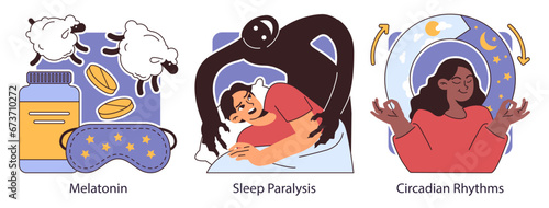 Insomnia set. Diverse characters suffering from sleep deprivation. Sleep and mental disorder. Sleep hygiene and stages. Circadian rhythm maintaining. Flat vector illustration.