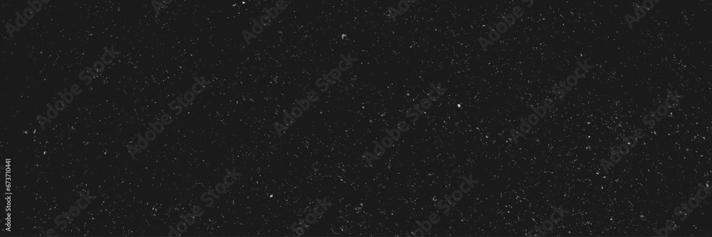 Vector falling snow overlay. Realistic shining snowfall background. Dirt grey dust isolated on black background and texture, top view.