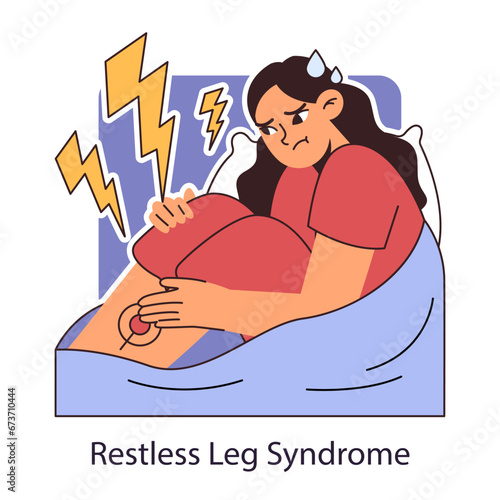 Restless legs syndrome or RLS. Nighttime problem. Insomniac woman with unsettling twitching feet or lower limbs. Anxiety and neurosis, sleep disorder. Flat vector illustration.