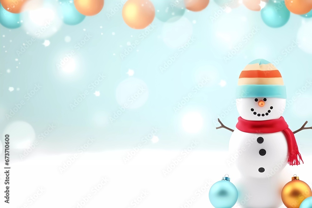 Chrismas decorations on a white snow. Cute Snowman with a snowflakes, chrismas balls and gifts on a blurred background with snowflakes. Chrismas decorations on a white snow. Cute Snowman with a snowflakes, chrismas balls and gifts on a blurred background with snowflakes.