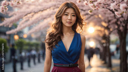Bellissima ragazza di origini asiatiche con un vestito blu cammina su un viale alberato di ciliegi in fiore in primavera photo