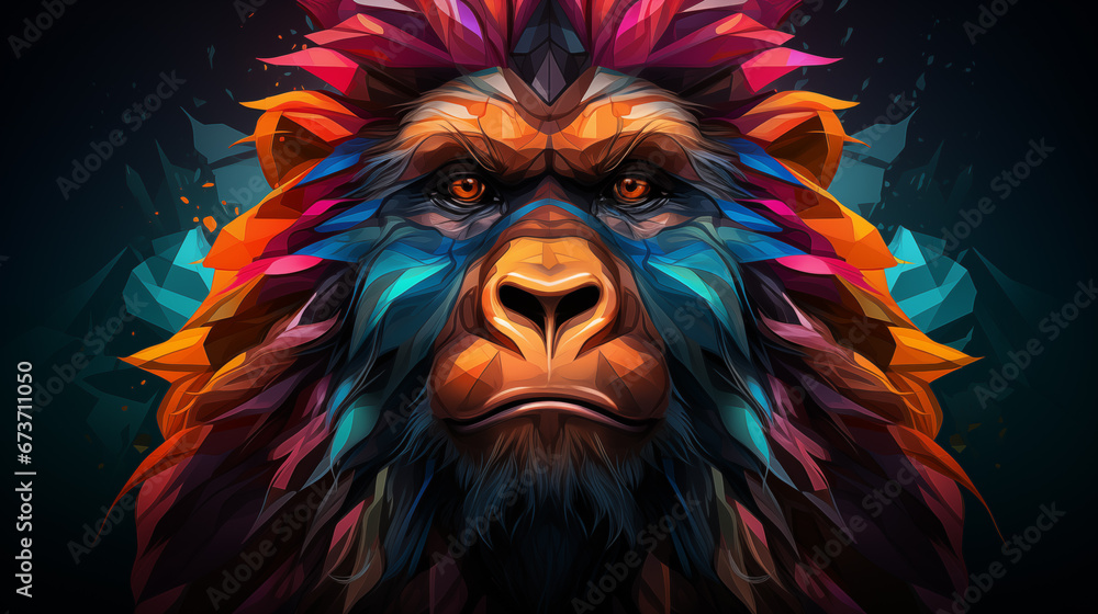 Obraz premium Multicolor geometric illustration of a gorilla. Colourful poly graphic on black background.