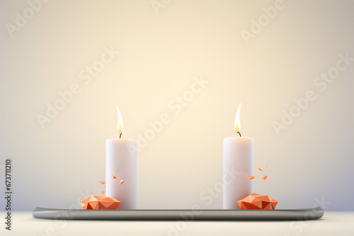 Two burning white candles on a light background with space for a product or text.generative ai
