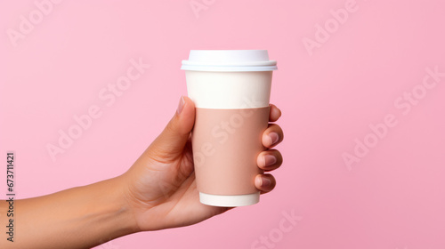 Female hand holding empty white blank paper cup of coffee with a cap. Isolated on pink background with copy space.