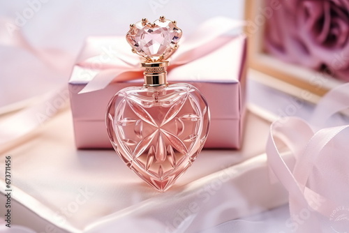 Pink perfume bottle of heart shape with gold decorations on pastel color background. Present for Valentine's Day, Mother's day or birthday.