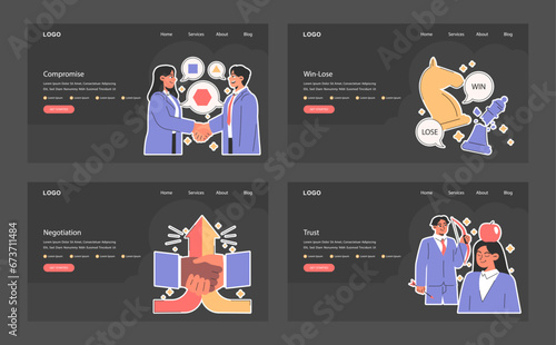 Win-win dark or night mode web or landing set. Employees navigate challenges, finding mutual success. Compromise, synergy and collaboration in negotiation process. Flat vector illustration.