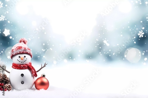 Chrismas decorations on a white snow. Cute Snowman with a snowflakes, chrismas balls and gifts on a blurred background with snowflakes. © serdjo13