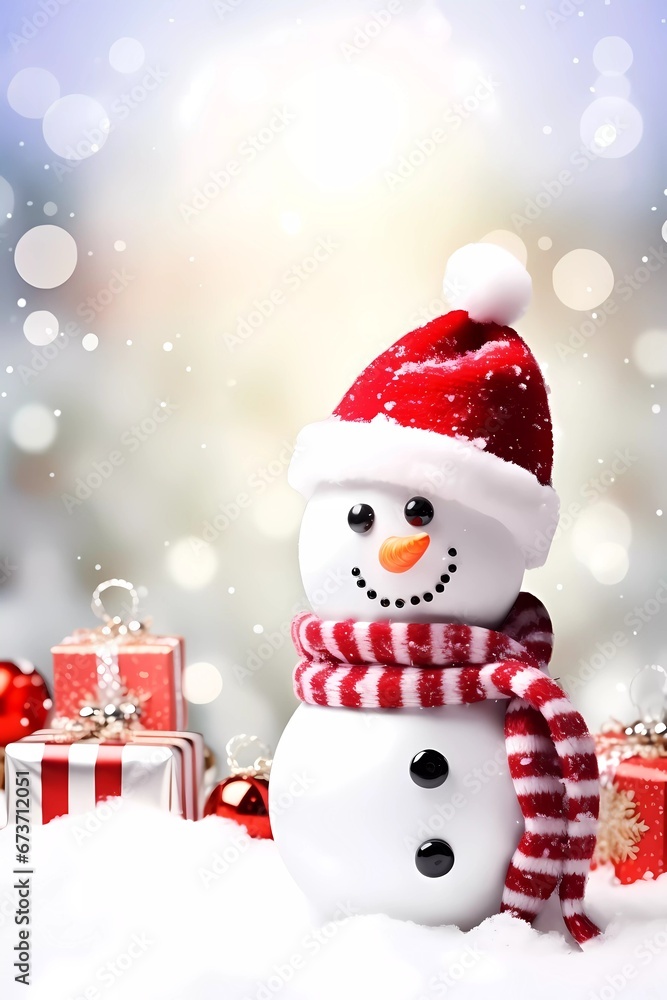 Fototapeta premium Chrismas decorations on a white snow. Cute Snowman with a snowflakes, chrismas balls and gifts on a blurred background with snowflakes.