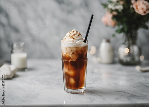 cold brew latte on white marble background