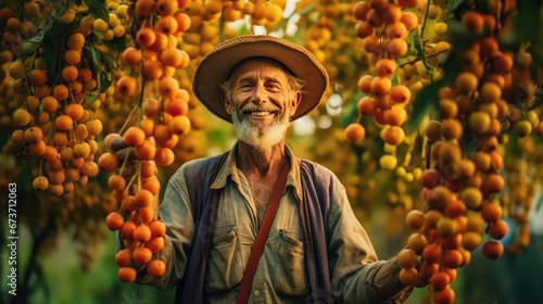 Portrait of happy male senior farmer in garden harvest. © Areerat