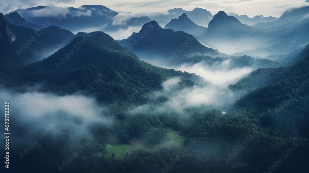 A misty mountain range emerging from the clouds  AI generated illustration