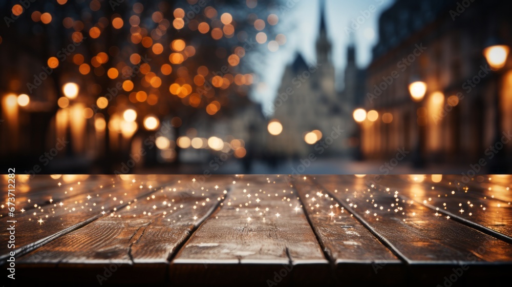 Christmas Decorated illuminated tree in town square. Empty wooden table top with blurred Christmas tree and snowfall with bokeh light background. Christmas Holidays.