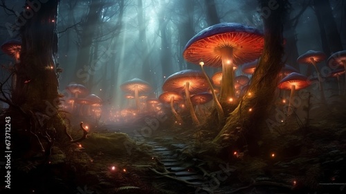 A mystical forest with glowing mushrooms and a misty AI generated illustration