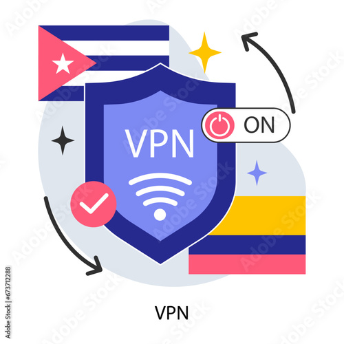 VPN service. Virtual pivate network access. Secure Internet connection and privacy protection between a computing device and a computer network. Flat vector illustration