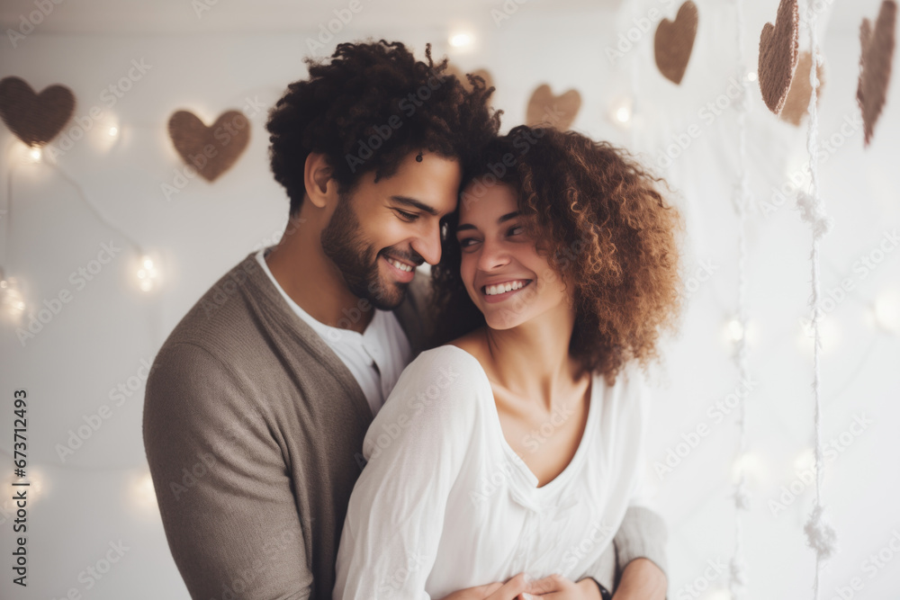 A beautiful young couple hugs and smiles in a bright room. - obrazy, fototapety, plakaty 